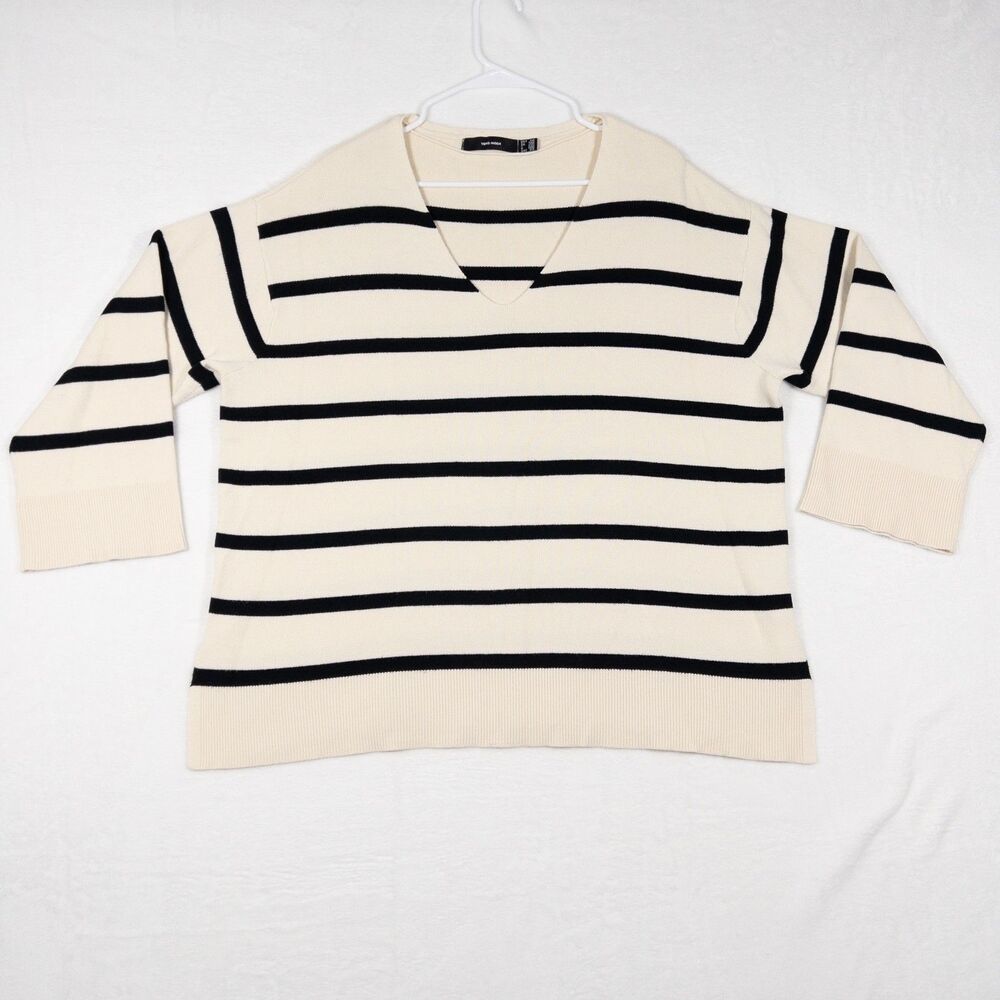 Vero Moda Womens Plus Striped Sweater 1X Cream Black V-Neck 3/4 Sleeve Collar